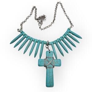 Turquoise Spike Bead & Cross Pendant Necklace – Southwestern Boho Chic Statement